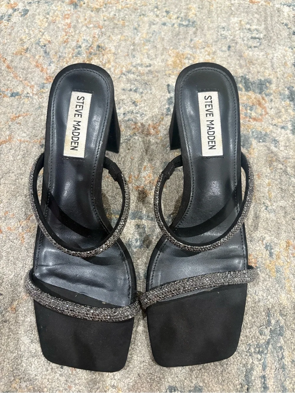Steve Madden Black Glitter Strap Heeled Sandals